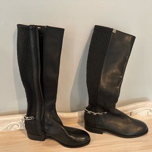 Authentic Cole Haan Idina Black Leather Stretch Gold Chain Tall Boots